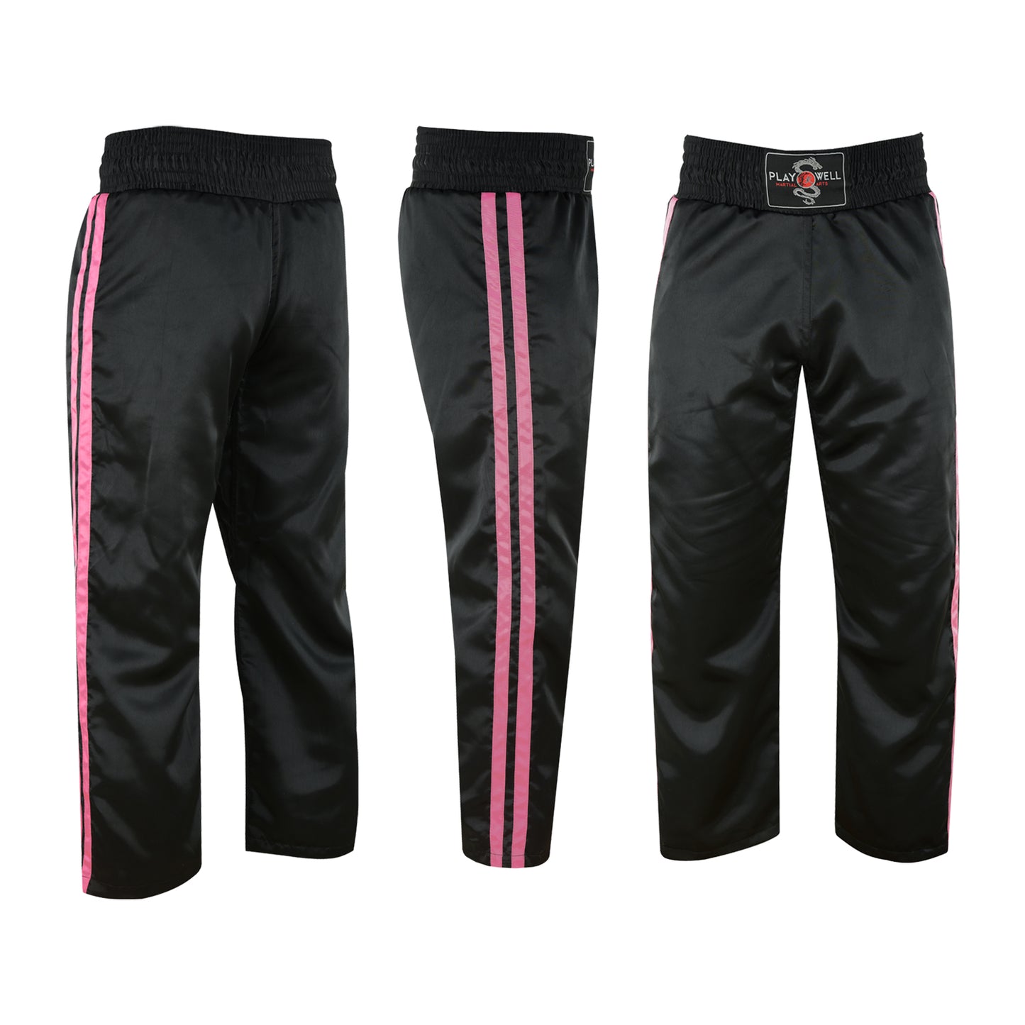 Ladies Black Satin Kickboxing Trouser - With 2 Pink Stripes