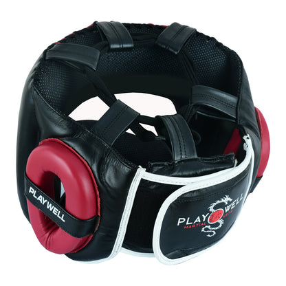 Boxing Ultimate Leather Full Face Bar Head Guard - Black/Maroon