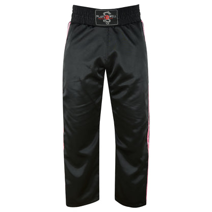 Ladies Black Satin Kickboxing Trouser - With 2 Pink Stripes