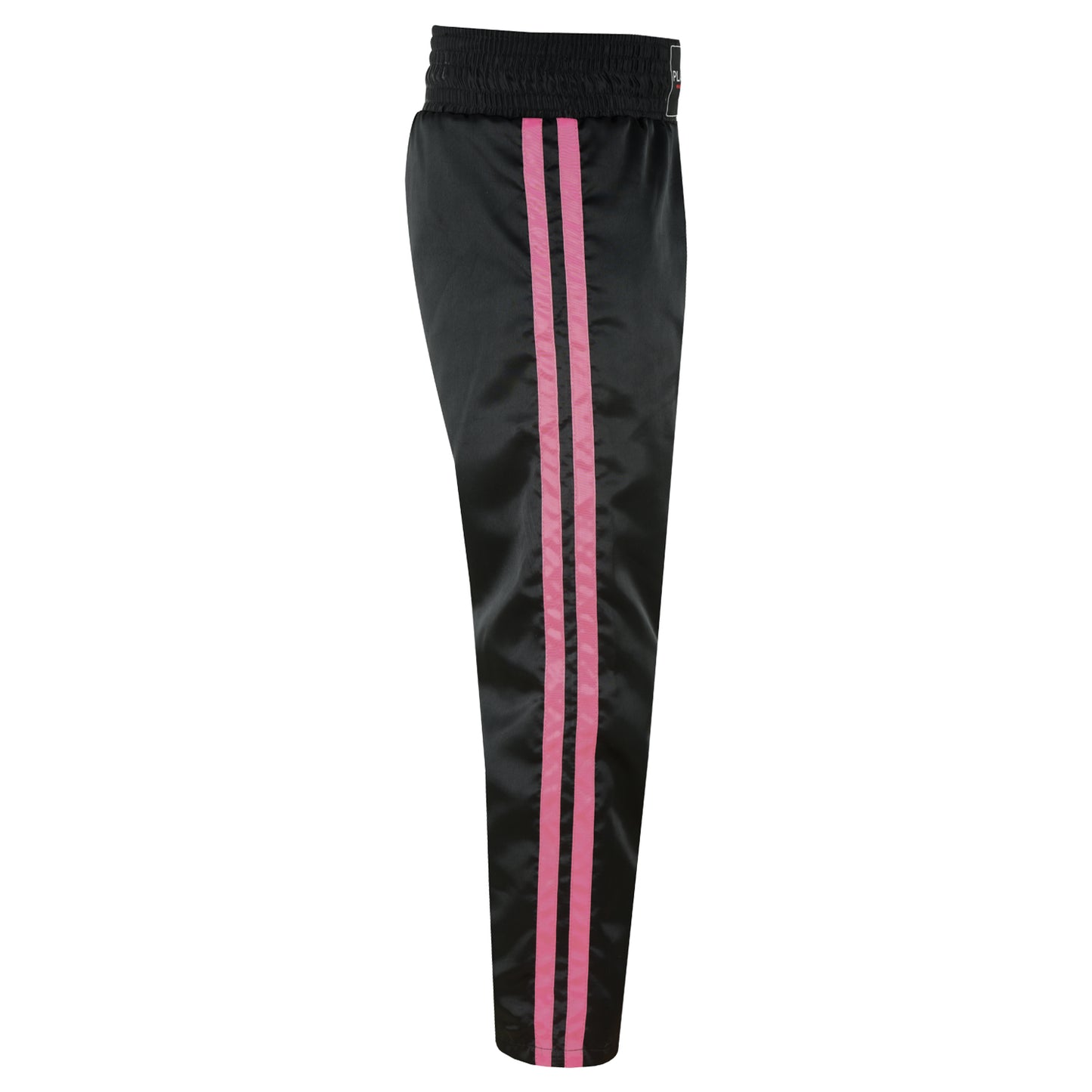 Ladies Black Satin Kickboxing Trouser - With 2 Pink Stripes