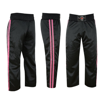 Ladies Black Satin Kickboxing Trouser - With 2 Pink Stripes